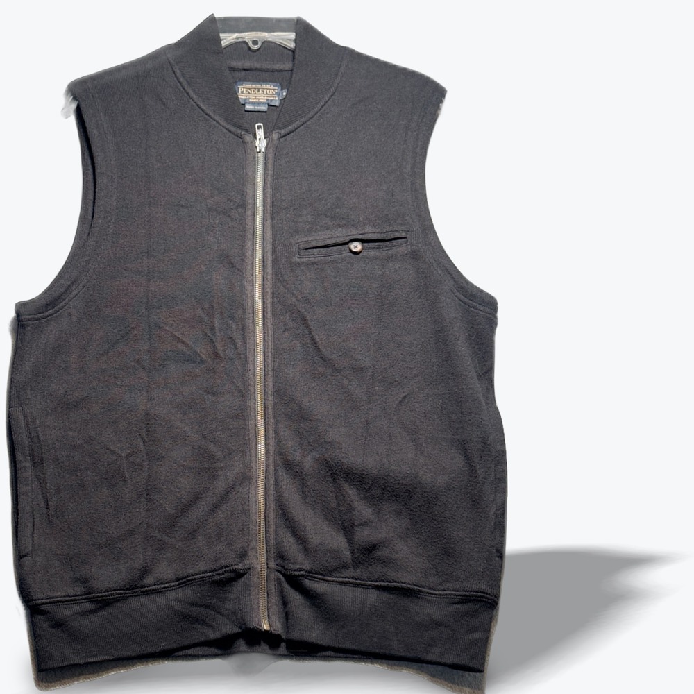 Pendleton Shetland Wool Sweater Vest Charcoal Black Full Zip Mock Neck Men Small